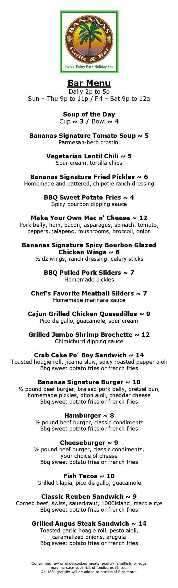 Menu at Bananas Grille & Bar, Tinley Park