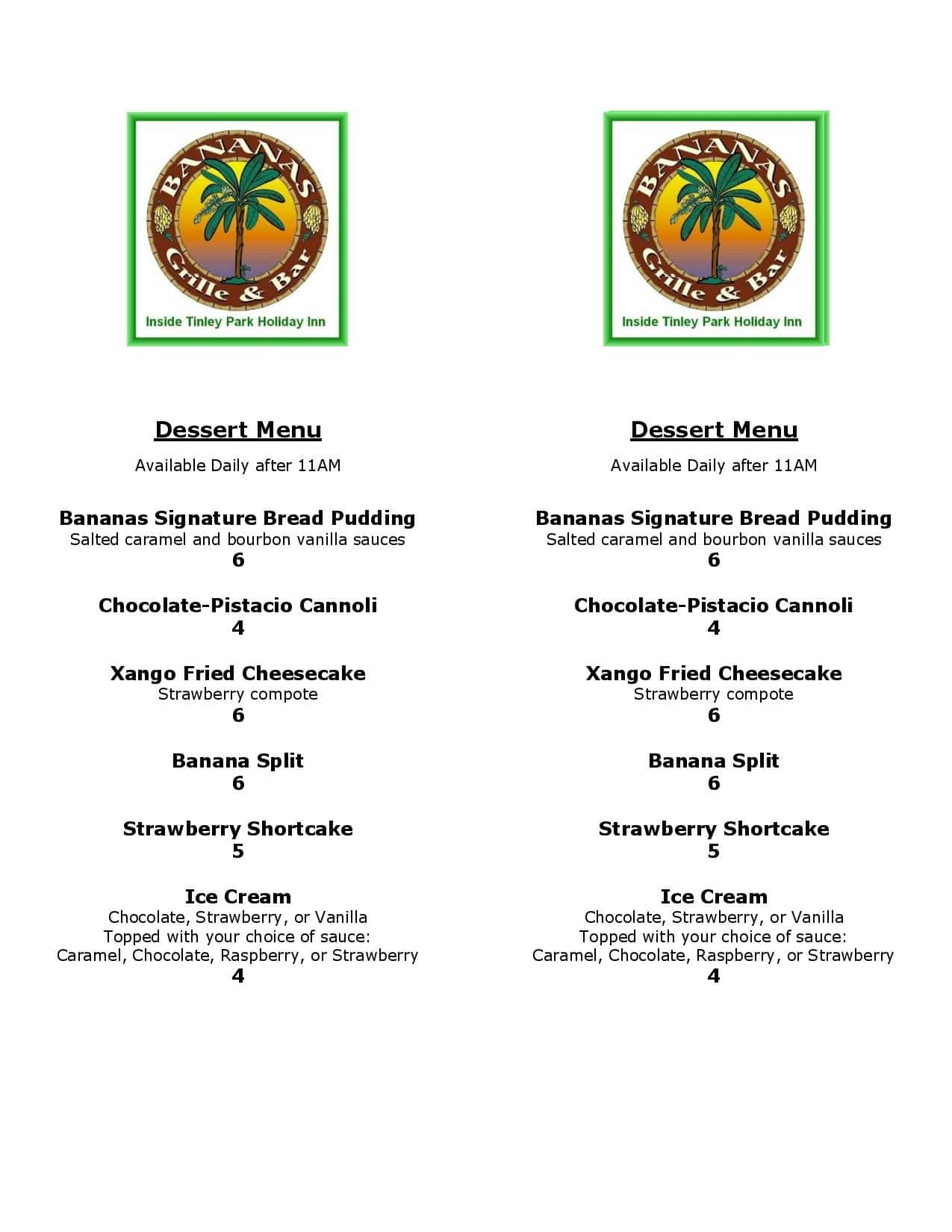 Menu at Bananas Grille & Bar, Tinley Park