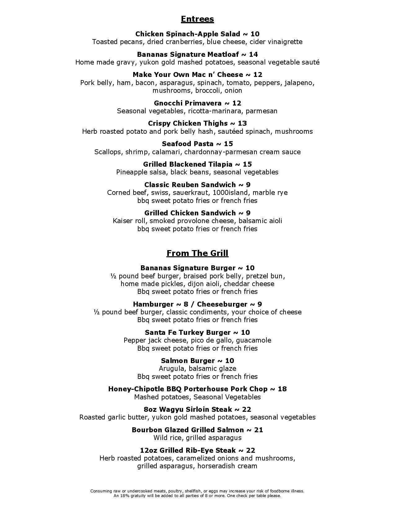 Menu at Bananas Grille & Bar, Tinley Park