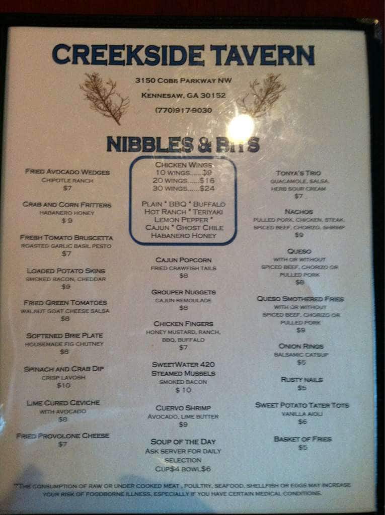 Creekside Tavern Menu, Menu for Creekside Tavern, Kennesaw, Atlanta