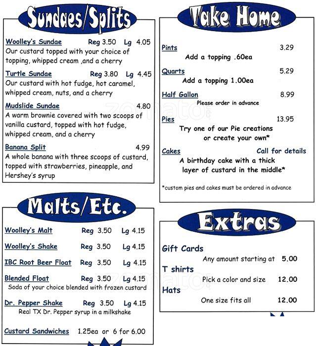 Woolley's Frozen Custard Menu Urbanspoon/Zomato