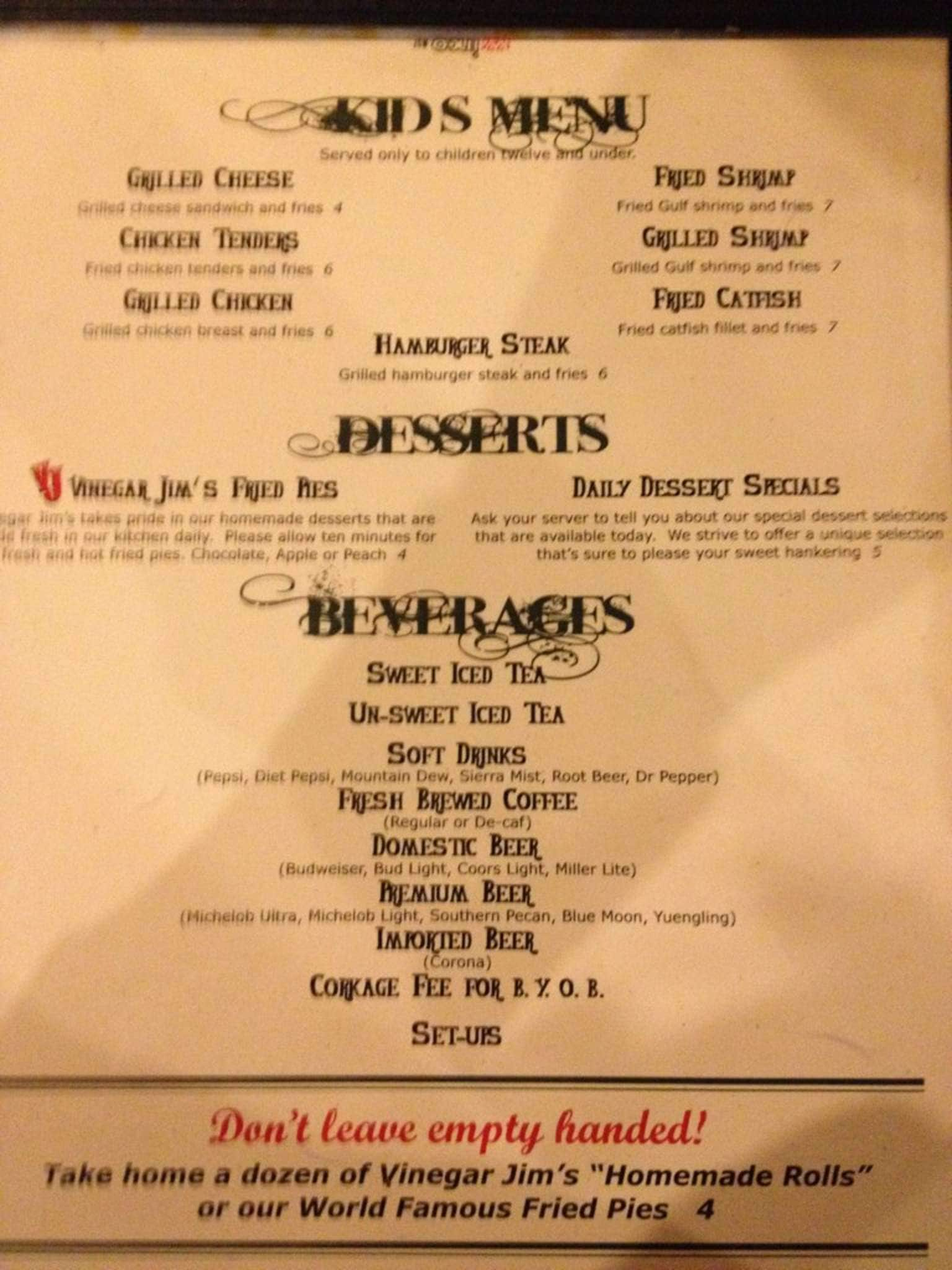 Menu at Vinegar Jim's steakhouse, Arlington