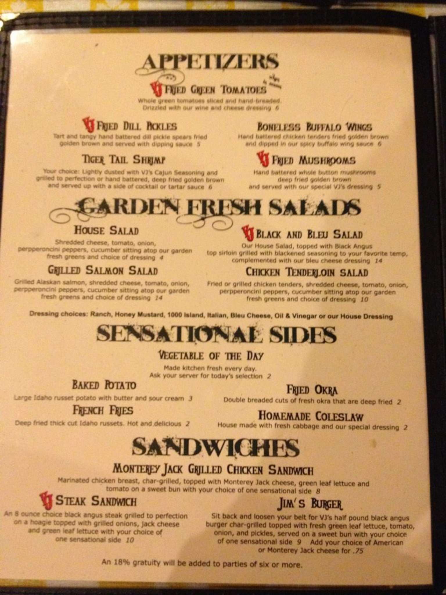 Menu at Vinegar Jim's steakhouse, Arlington