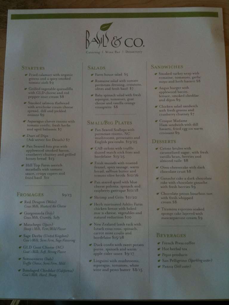 Basil's & Co. Menu, Menu for Basil's & Co., Greensboro, Piedmont Triad