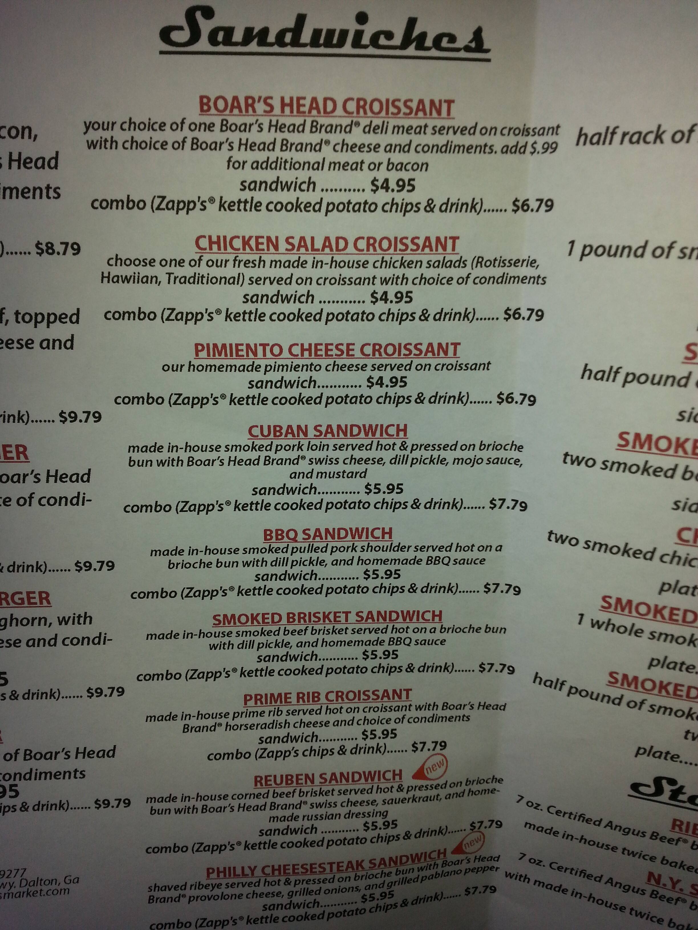 Menu at Butcher's Market BBQ, Dalton