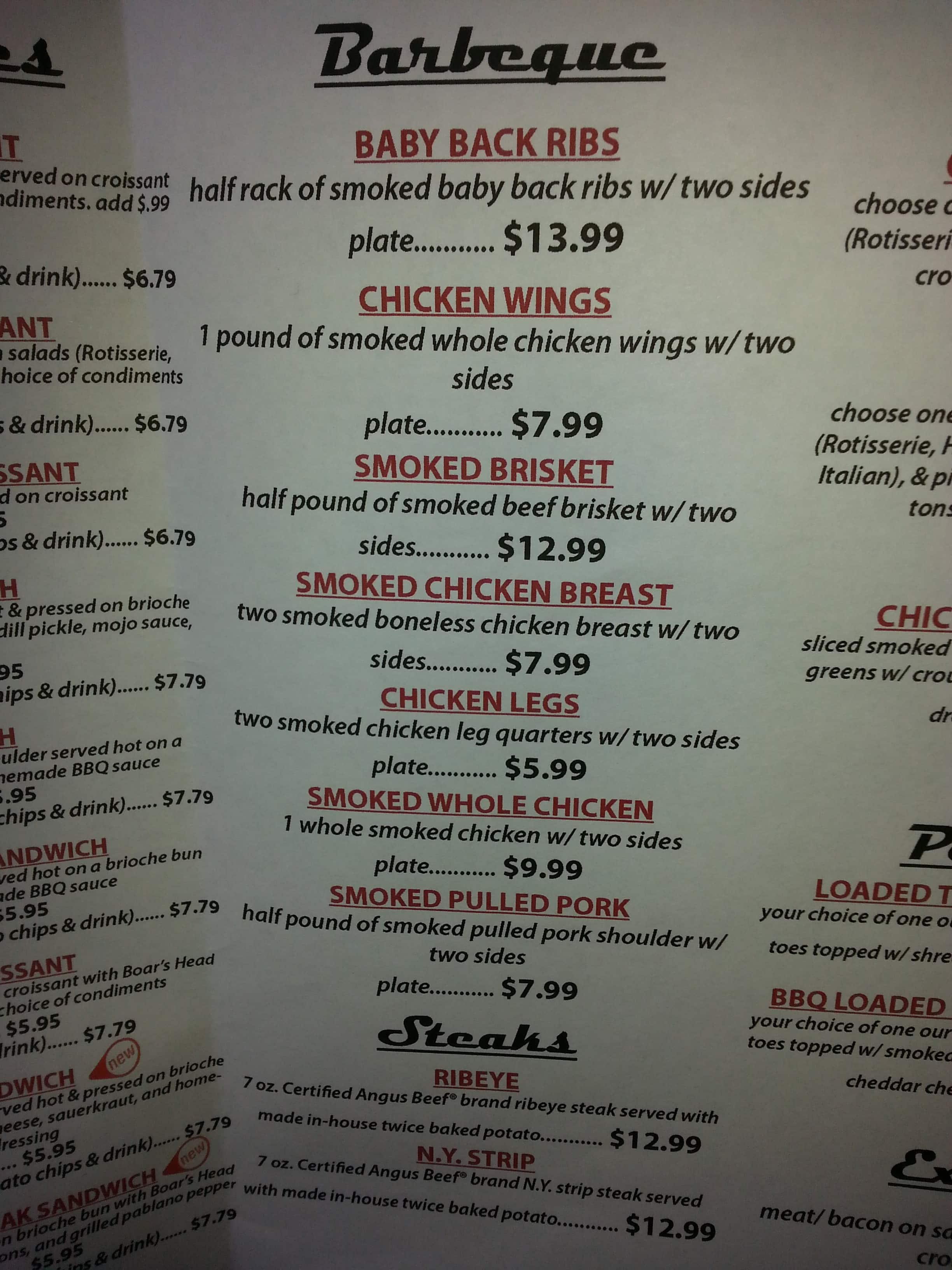 Menu at Butcher's Market BBQ, Dalton