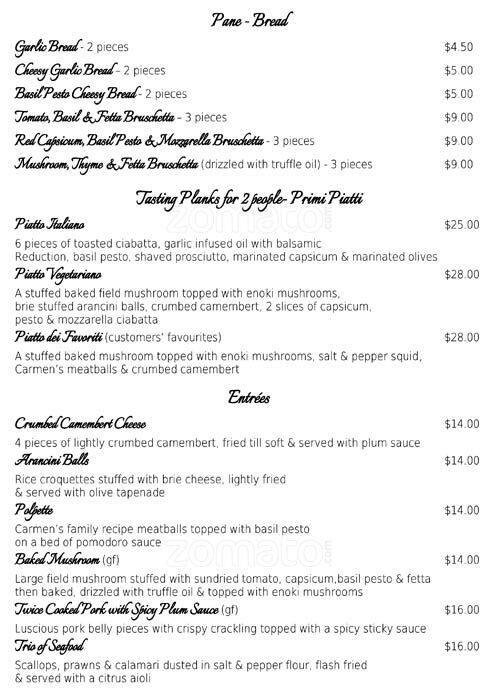 Carmens Little Taste of Italy menu