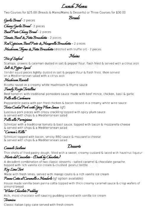 Carmens Little Taste of Italy menu