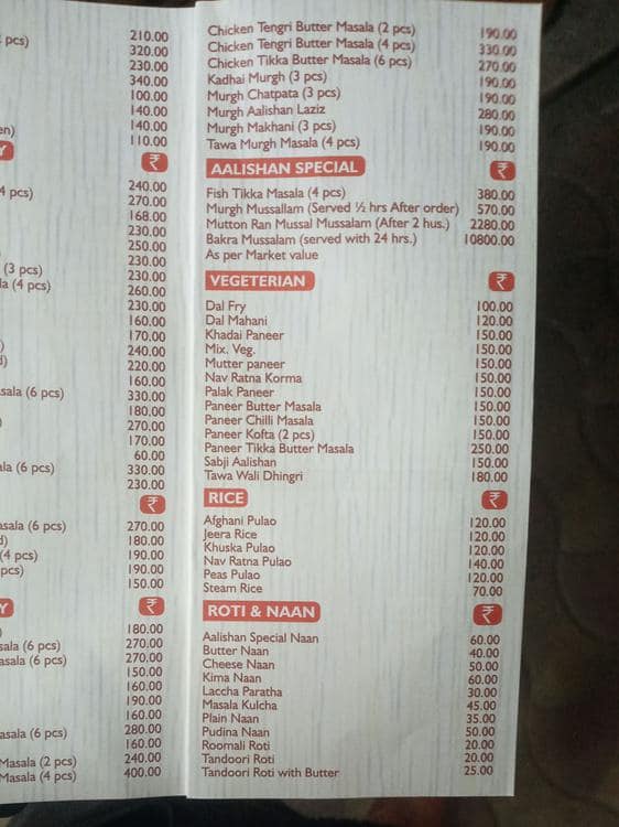 Menu of Aalishan Restaurant, Esplanade, Kolkata