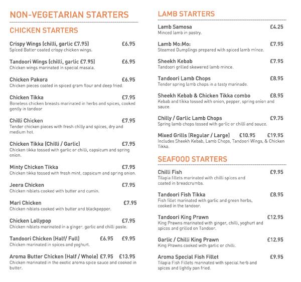 Menu at Aroma Lounge restaurant, London, 96 Llanover Rd