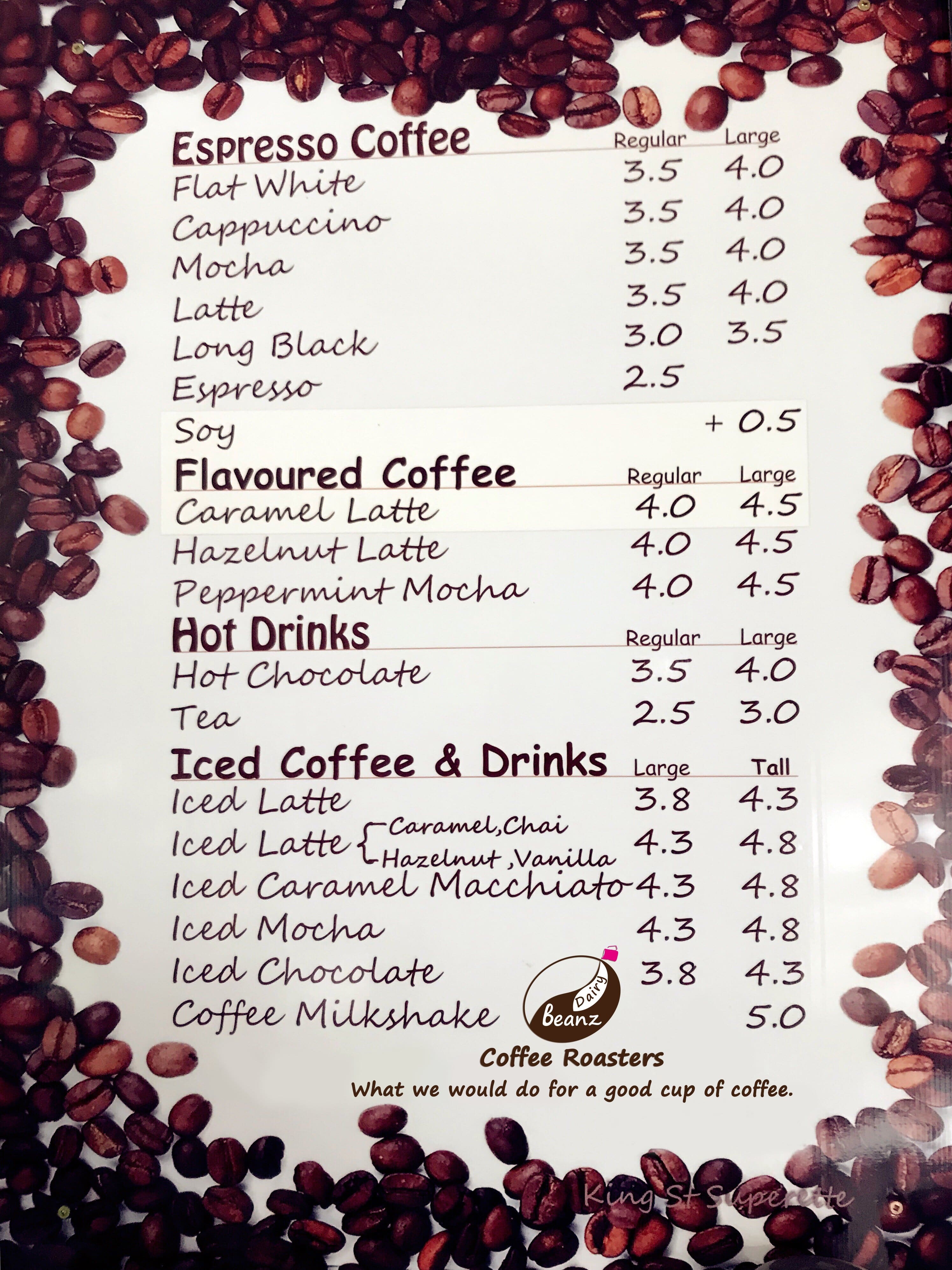 Menu at Dairy Beanz Coffee Roasters cafe, Pukekohe