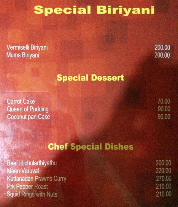 Menu at Chimes, Kochi, 30/1156