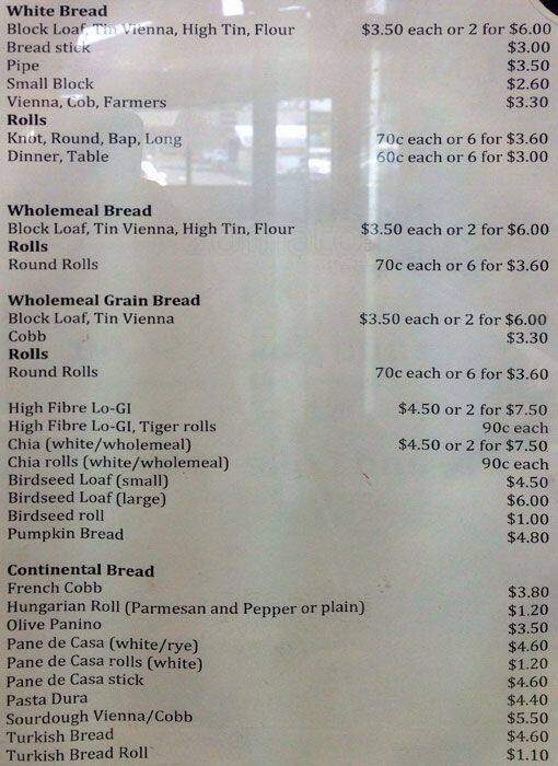 8 Artisan Bakers Menu, Menu for 8 Artisan Bakers, Burwood East