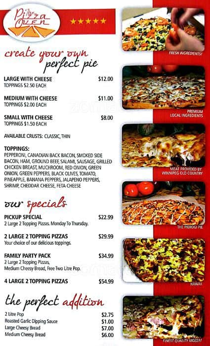 Menu At The Pizza Oven Pizzeria Winnipeg