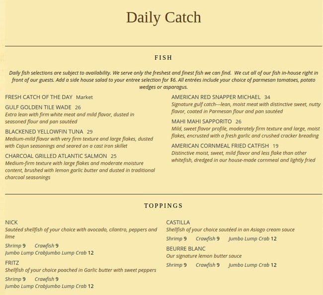 Menu at Gaido's desserts, Galveston