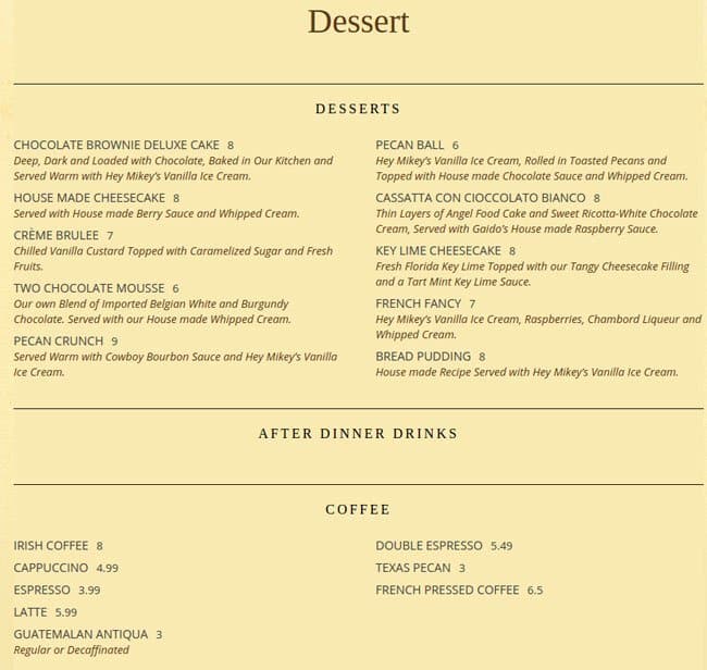 Menu at Gaido's desserts, Galveston