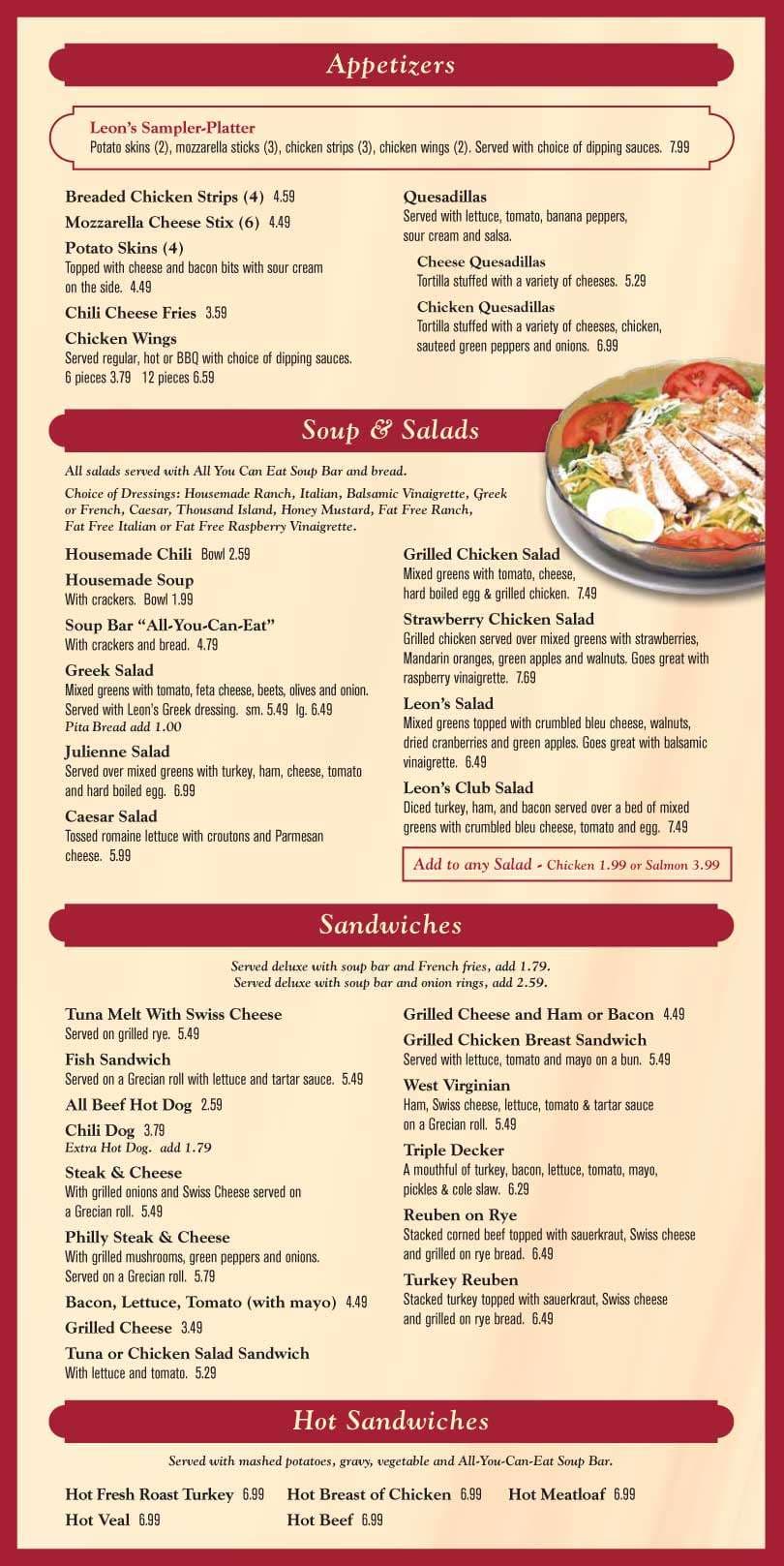 Leon's Family Dining Menu Urbanspoon/Zomato