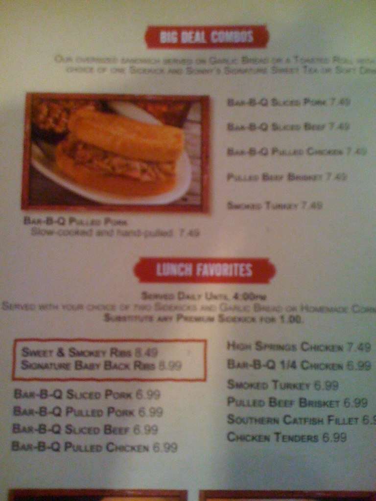 Sonny's BBQ Menu, Menu for Sonny's BBQ, Palm Harbor, Tampa Bay