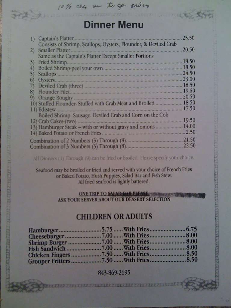 Dock Side Restaurant Menu, Menu for Dock Side Restaurant, Edisto Island