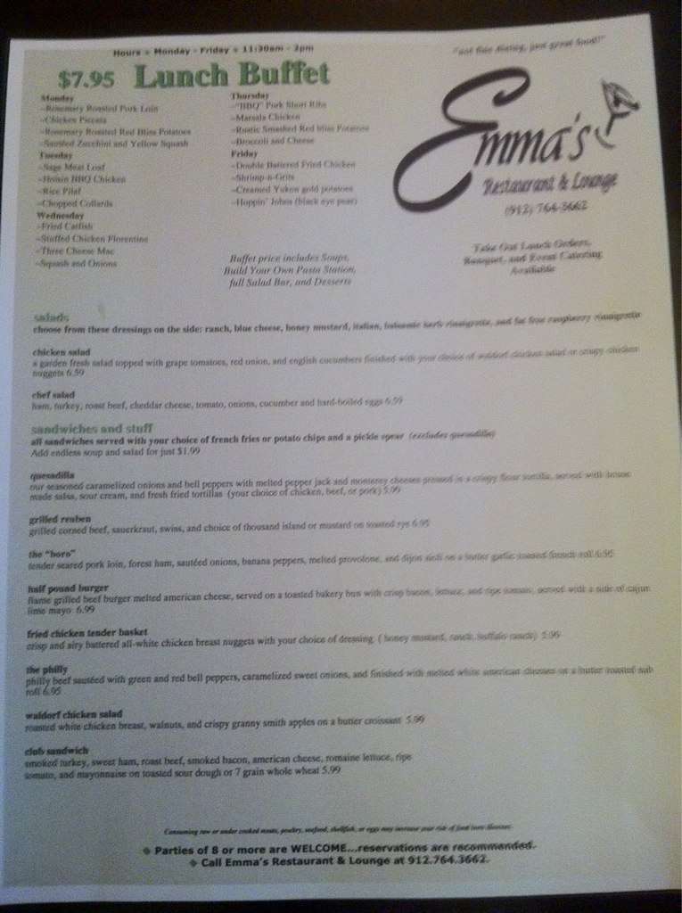 Emma's Menu, Menu for Emma's, Statesboro, Statesboro Urbanspoon/Zomato