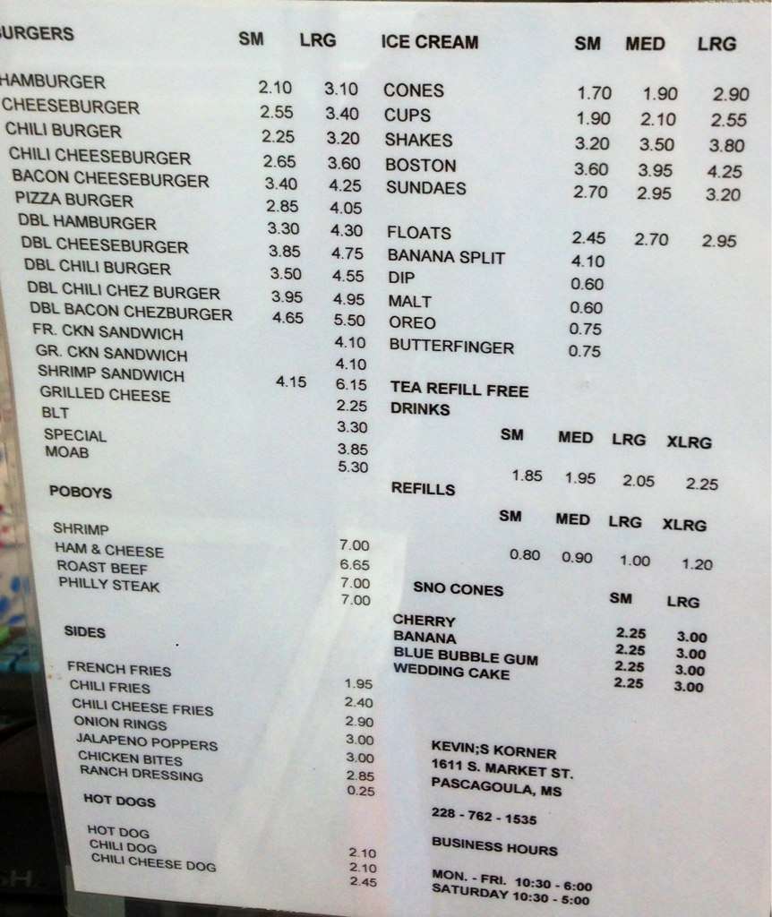 Menu at Kevin's Korner restaurant, Pascagoula