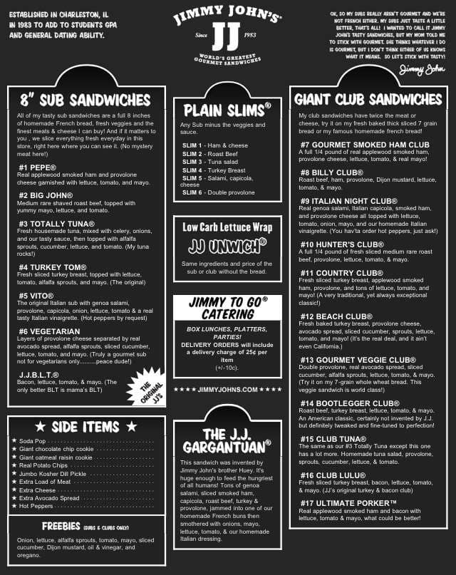 Jimmy John's Menu, Menu for Jimmy John's, Oshkosh, Oshkosh - Urbanspoon what is the menu at jimmy john's