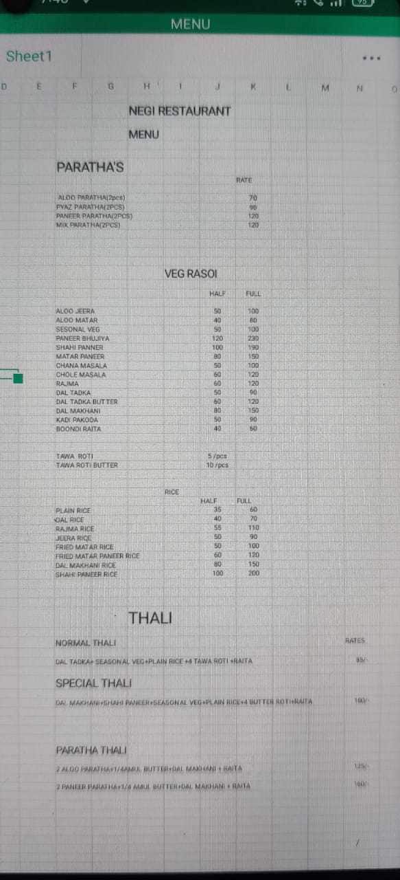 Negi Restaurant menu