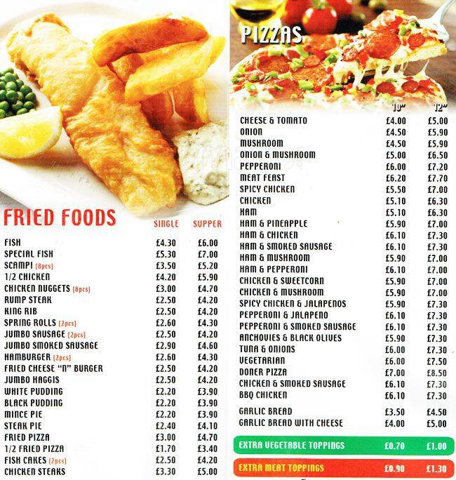 Menu at Fountainpark Fry fast food, Edinburgh