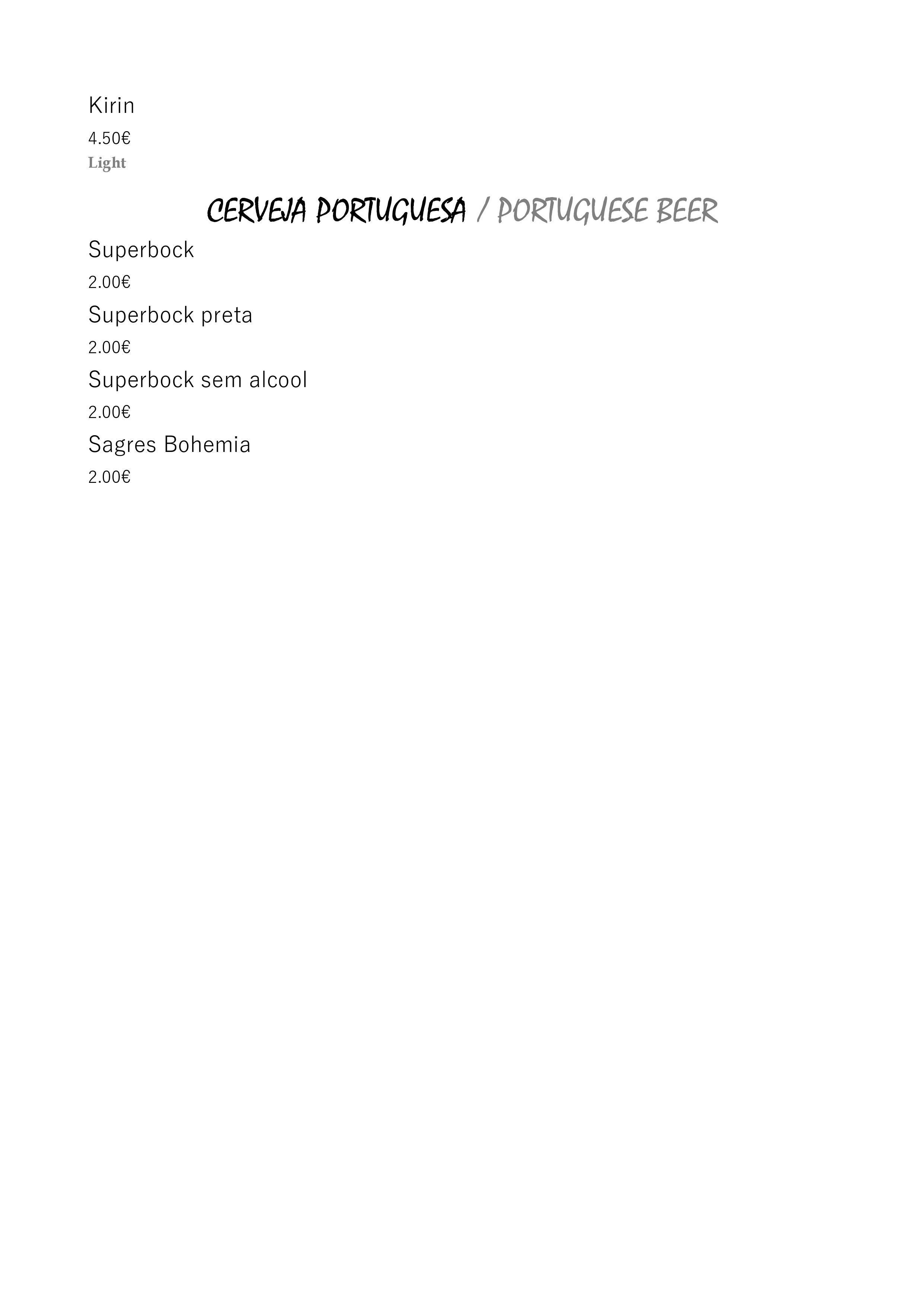 Menu at Bonsai restaurant, Lisbon, R. da Rosa 248