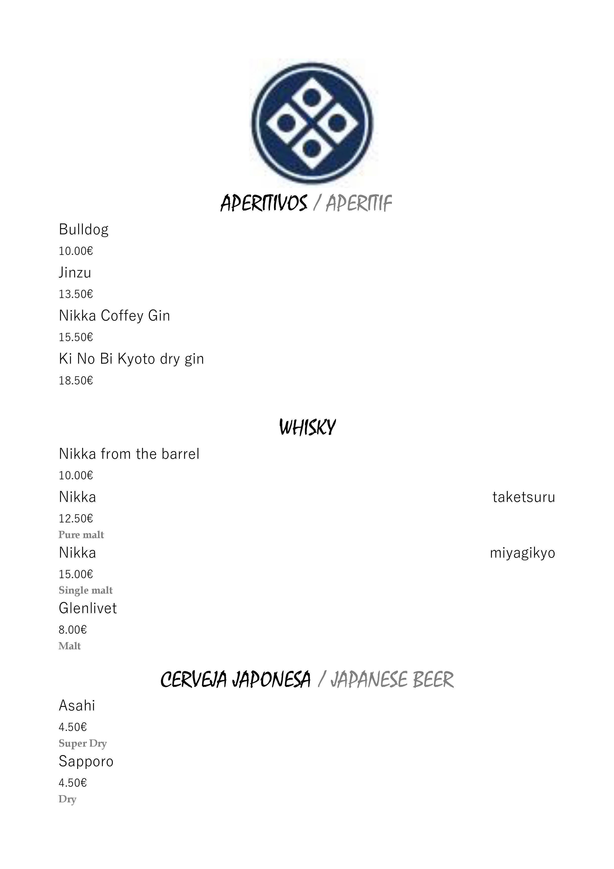 Menu at Bonsai restaurant, Lisbon, R. da Rosa 248