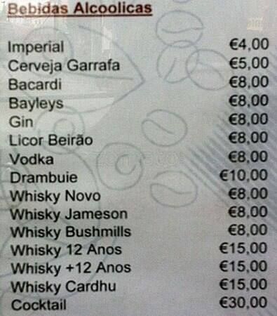 Menu at Fantasy Bar, Lisbon, Rua Doutor Armindo Monteiro
