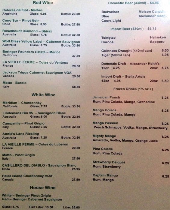 Menu at Yangtze Restaurant, Ottawa
