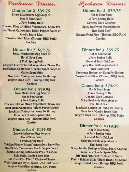 Menu at Yangtze Restaurant, Ottawa