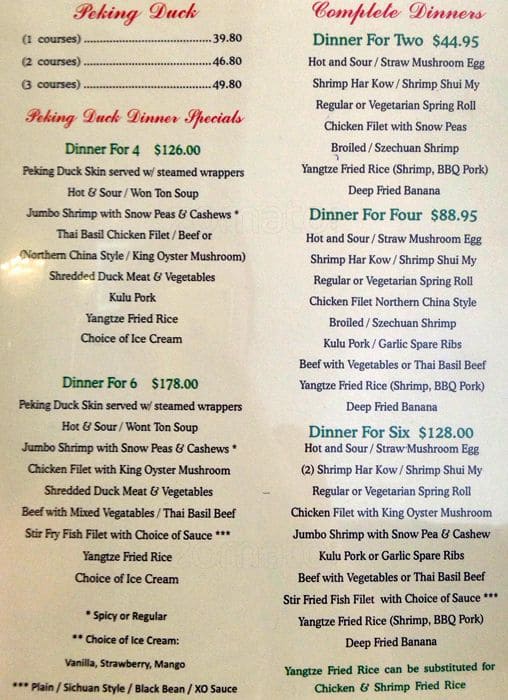 Menu at Yangtze Restaurant, Ottawa