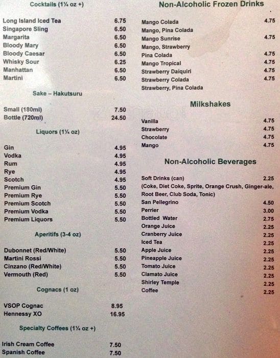 Menu at Yangtze Restaurant, Ottawa