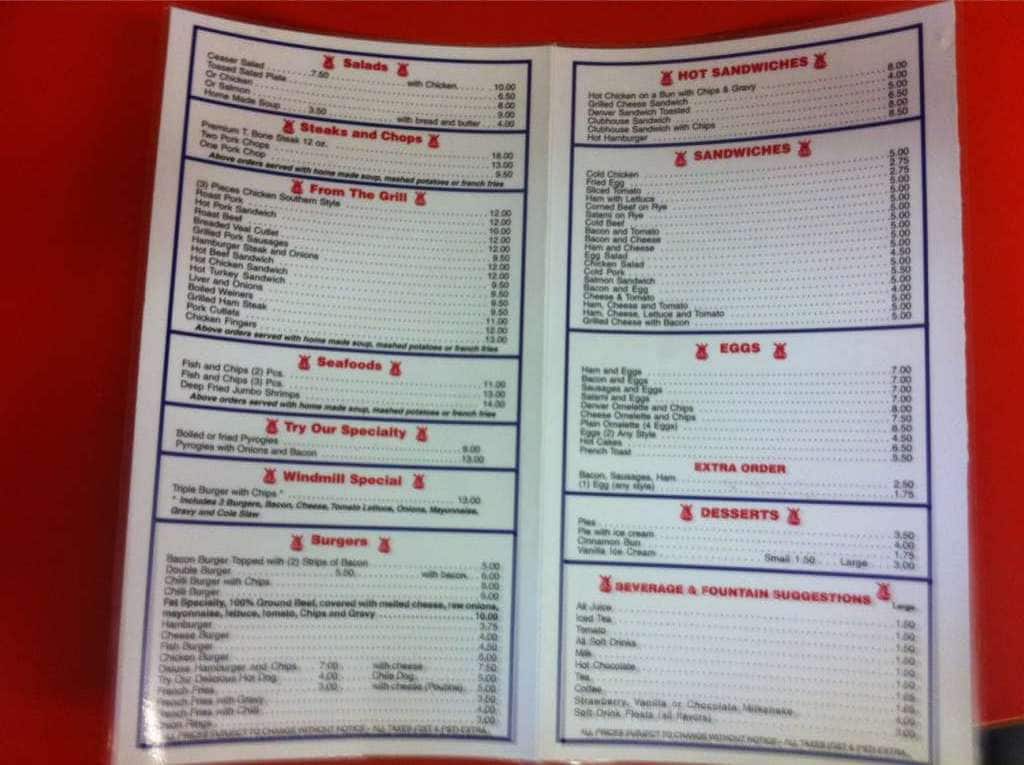 The Windmill Lunch Menu, Menu for The Windmill Lunch, North End