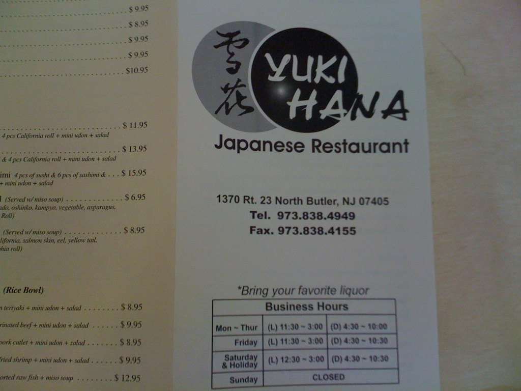 Yuki Hana Sushi Menu, Menu for Yuki Hana Sushi, Butler, Butler Urbanspoon/Zomato