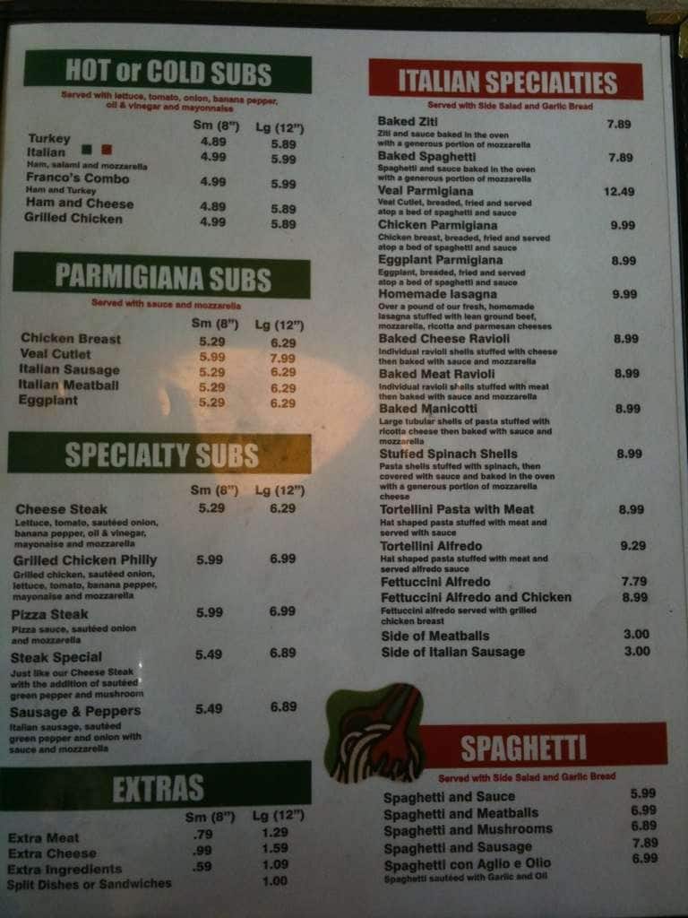 Menu at Franco's Pizza pizzeria, New Bern, US70