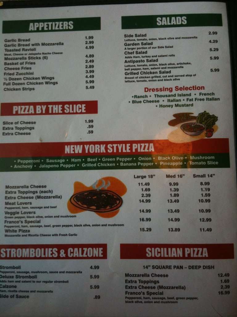 Menu at Franco's Pizza pizzeria, New Bern, US70