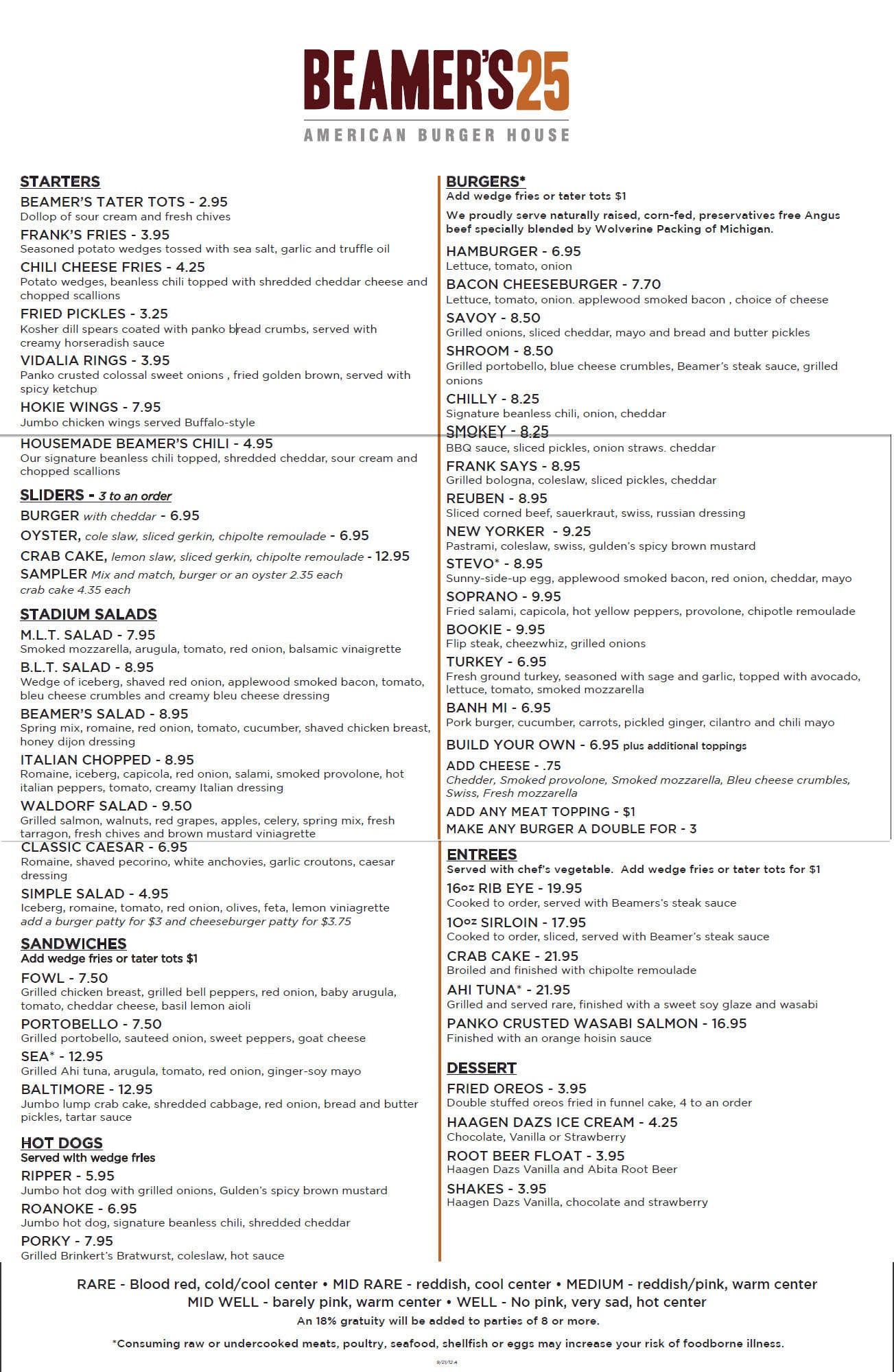 Beamer's 25 Menu, Menu for Beamer's 25, Downtown, Roanoke Urbanspoon