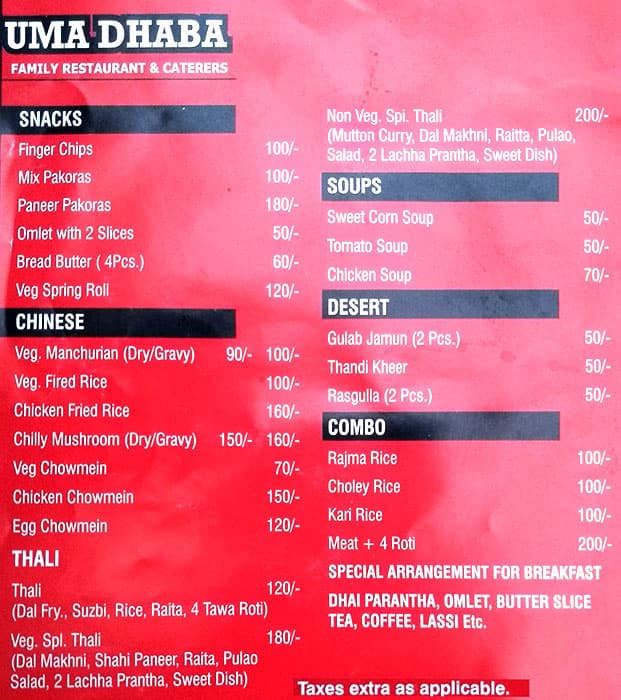 Menu of Uma Dhaba Golf Course Road Gurgaon Menu of Uma Dhaba Golf Course Road Gurgaon