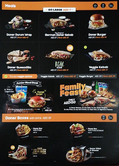 Menu at German Doner Kebab restaurant, Abu Dhabi, Al Muneera