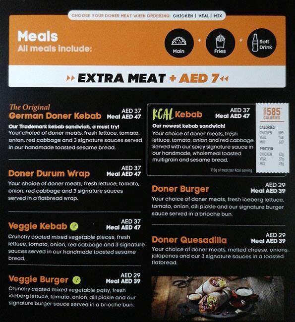 Menu at German Doner Kebab restaurant, Abu Dhabi, Al Muneera