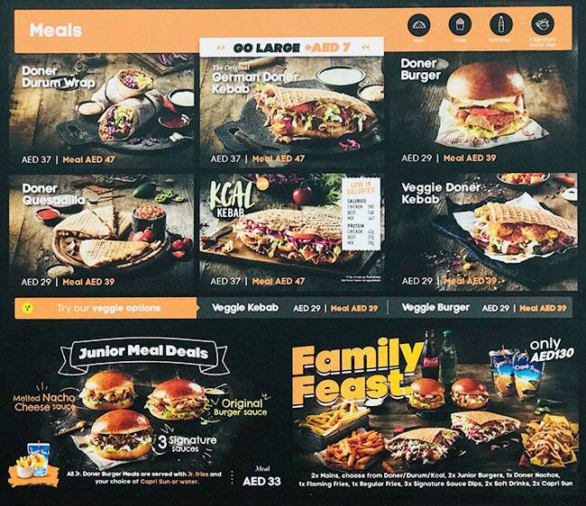Menu at German Doner Kebab restaurant, Abu Dhabi, Al Muneera