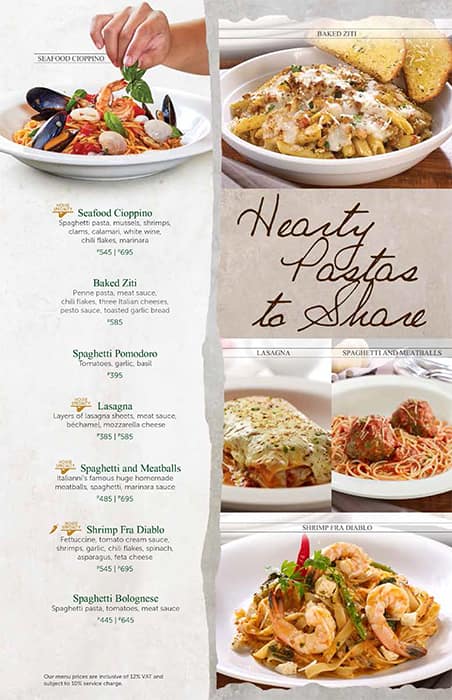 Menu at Italianni's restaurant, Parañaque