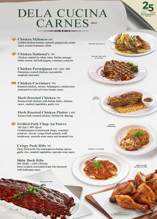 Menu at Italianni's restaurant, Pasay