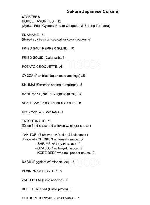 Menu At Sakura Japanese Cuisine Restaurant, Longmont