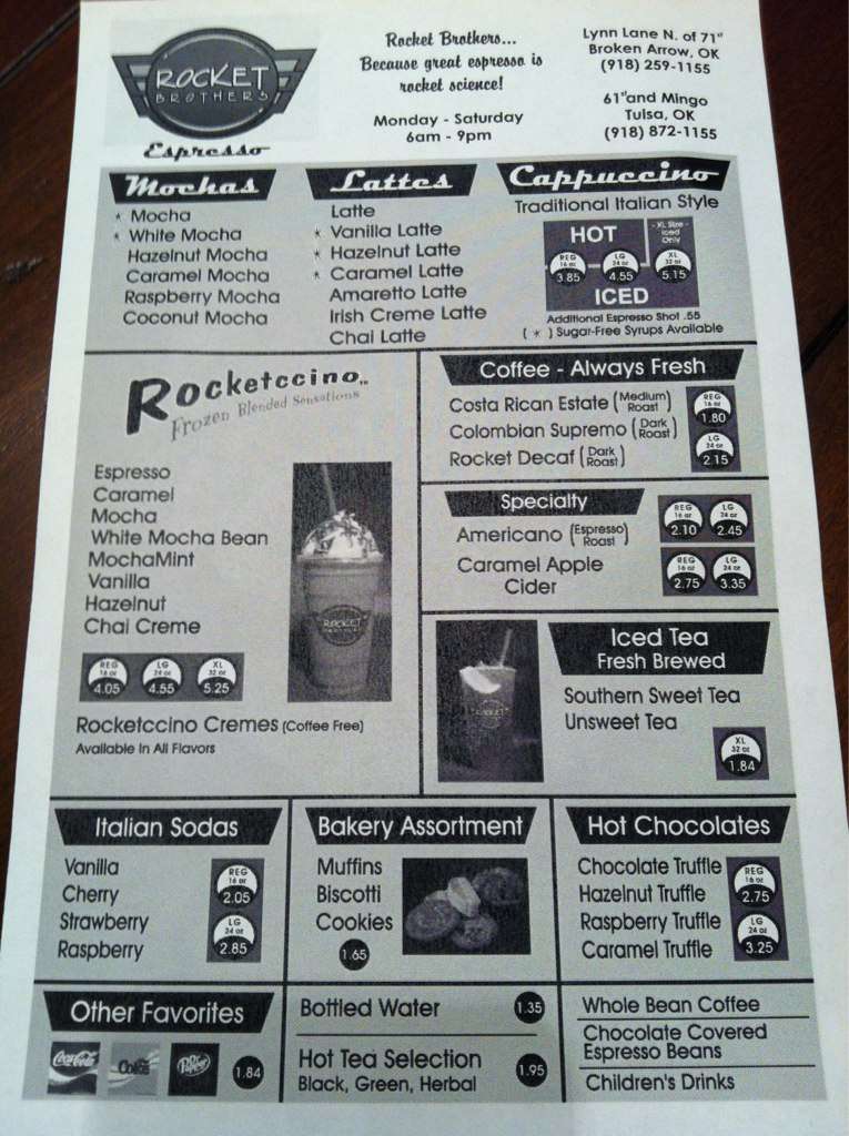 Rocket Brothers Menu, Menu for Rocket Brothers, Broken Arrow, Tulsa