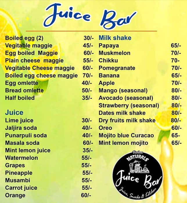 Menu of Vishnu Naturals Juice Bar, Balmatta, Mangalore