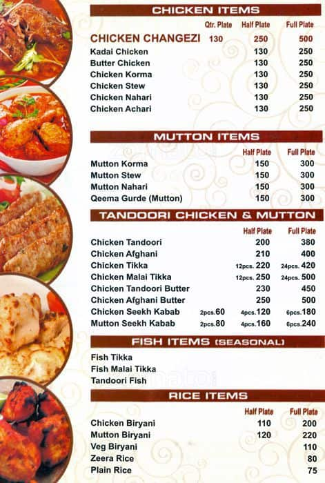 Menu at Hotel Royal Afghan, New Delhi